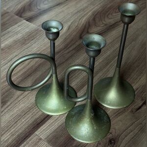 Set of 3 Vintage Solid Brass Horn Shaped Candleholders
